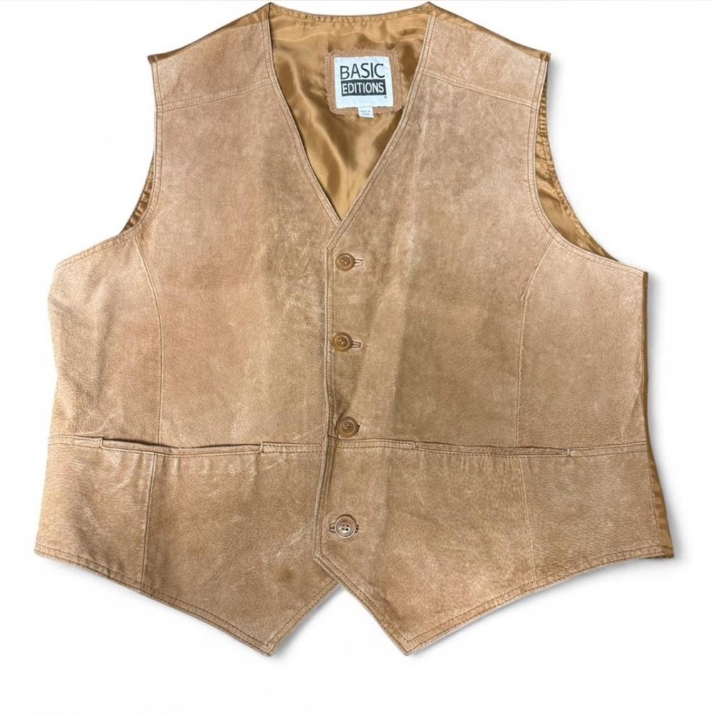 Vintage Basic Editions Tan Leather Suede western Retro Sleeveless Vest Men L